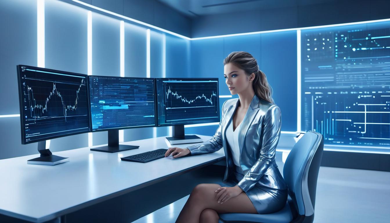  digital illustration, 1woman, in a modern, minimalistic room, seated at a sleek metallic desk, multiple holographic screens hovering around, analyzing data streams, intense expression, technological, futuristic, blue and silver hues, determination, focus, looking at viewer, dynamic pose, (intricate details, masterpiece, best quality)