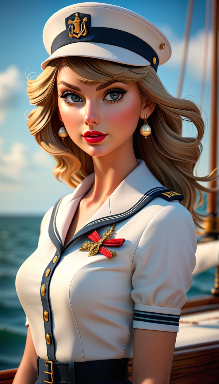  Professional 3D model of Taylor Swift as a sailor . Rendered with Octane, the model is highly detailed,dramatic lighting. hyperrealistic, full body, detailed clothing, highly detailed, cinematic lighting, stunningly beautiful, intricate, sharp focus, f/1. 8, 85mm, (centered image composition), (professionally color graded), ((bright soft diffused light)), volumetric fog, trending on instagram, trending on tumblr, HDR 4K, 8K