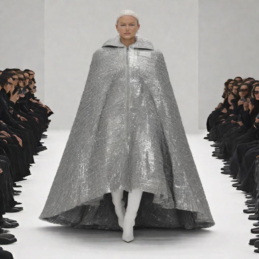  Balenciaga R22 style, shapeshifter fashion model and her transforming their bodies into (incomplete, unfinished:1.3) shiny clothes, backstage at a fashion show