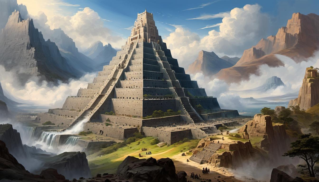  digital painting of Tower of Babel, epic scale, dwarfing previous structures, symbolic of human achievement, dominating view, higher than mountains, reaching the heavens looking at viewer, dynamic pose, (intricate details, masterpiece, best quality)