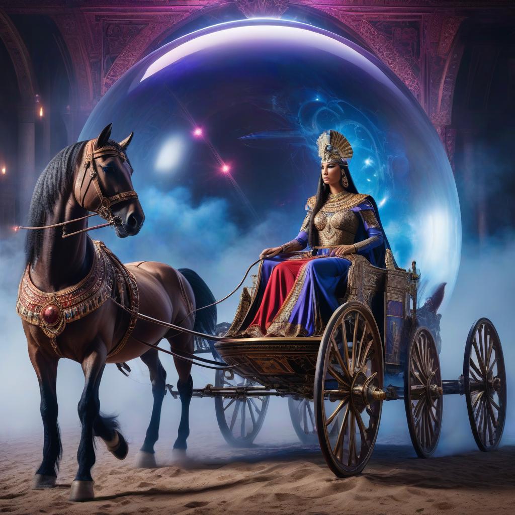  Fantasy painting. Digital photo, Cleopatra is controlling a two wheeled carriage pulled by two horses in a glowing sphere, emitting white blue red luminescence, neon purple sparks, mysterious glow. Dust is flying fantastically from under the wheels of the chariot. A fantastic detailed background: surrealistic, entwining in an unusual whimsical ornament. The finest details. Reflections. hyperrealistic, full body, detailed clothing, highly detailed, cinematic lighting, stunningly beautiful, intricate, sharp focus, f/1. 8, 85mm, (centered image composition), (professionally color graded), ((bright soft diffused light)), volumetric fog, trending on instagram, trending on tumblr, HDR 4K, 8K