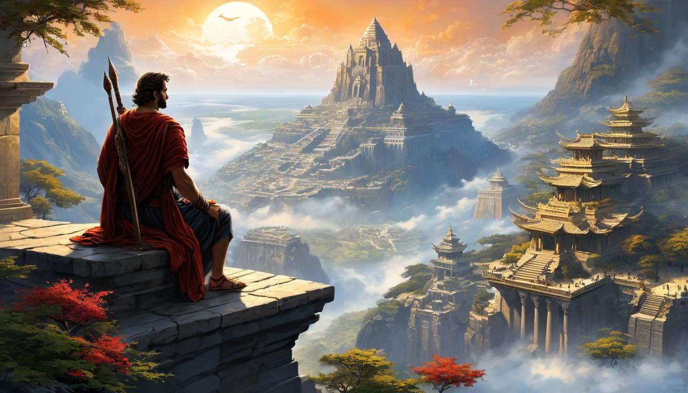  digital painting of A realm, expansive and majestic, central figure of Nimrod larger than life, people bowing in reverence, buildings adorned with symbols of greatness, clear skies above, atmosphere of reverence and awe, iconic status, legendary looking at viewer, dynamic pose, (intricate details, masterpiece, best quality)