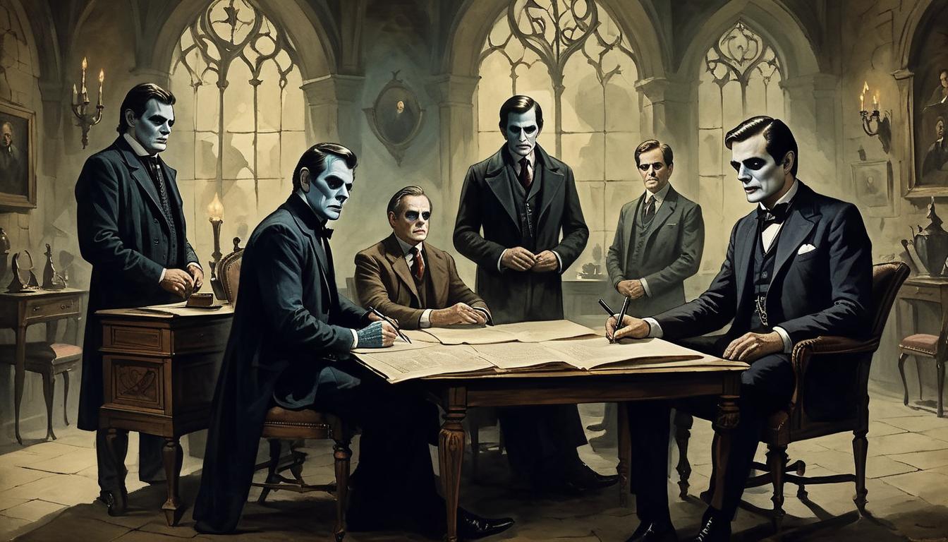  on parchment, surrealism+++, Various figures in familiar roles (parent, friend, colleague) with dark shadows cast over their faces, eyes glowing with envy or misunderstanding, setting in a dimly lit room, palpable tension, unease(mysterious, provocative, symbolic,muted color)+++