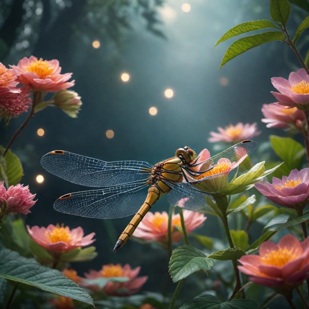  Create an image of a dragonfly in a mystical garden with vibrant flowers and sparkling fairy lights. hyperrealistic, full body, detailed clothing, highly detailed, cinematic lighting, stunningly beautiful, intricate, sharp focus, f/1. 8, 85mm, (centered image composition), (professionally color graded), ((bright soft diffused light)), volumetric fog, trending on instagram, trending on tumblr, HDR 4K, 8K