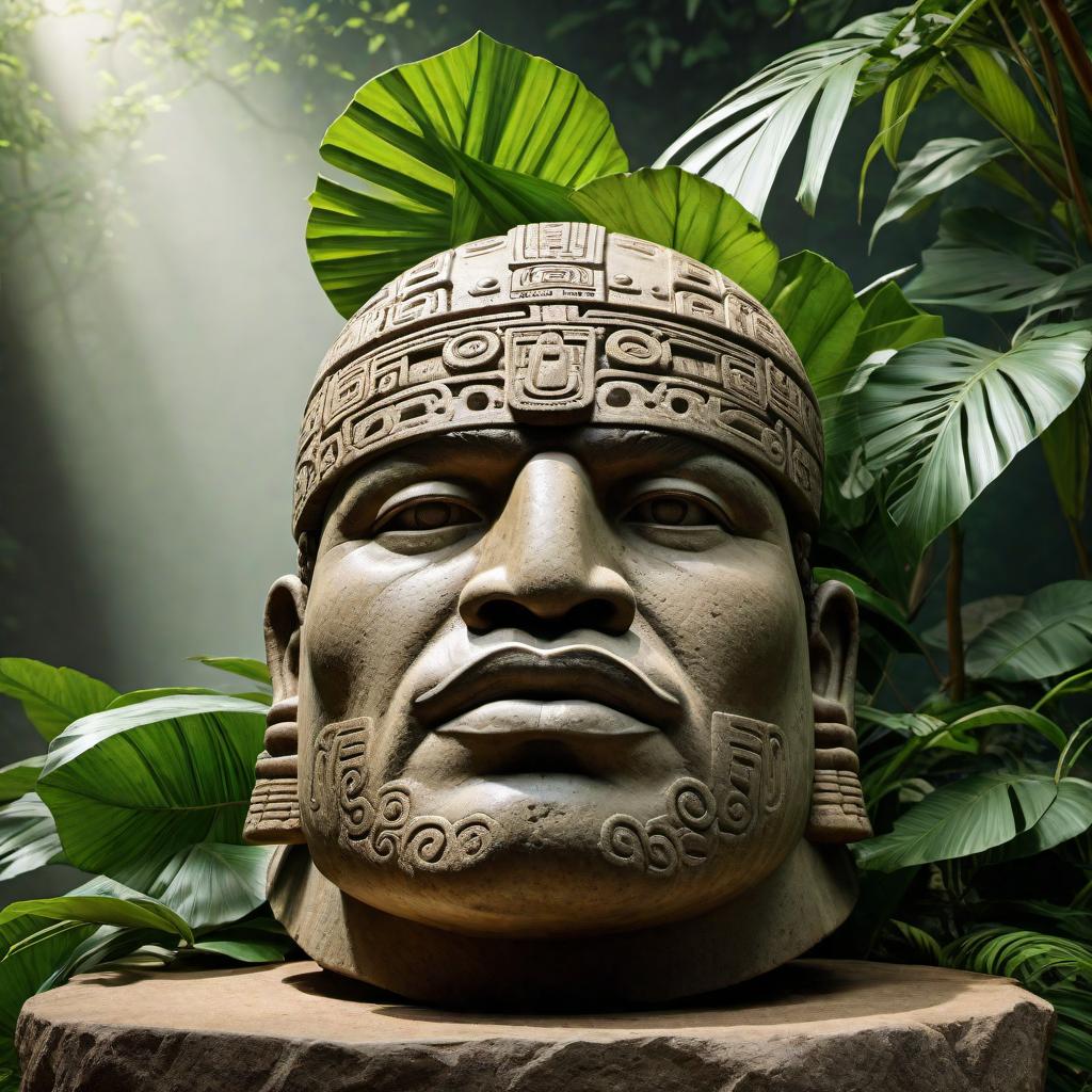  A detailed and lifelike image of an Olmec head sculpture with its nose and lips intact, inspired by the provided image. The sculpture should display the characteristic features of Olmec art, including the helmet-like headgear, strong jawline, and pronounced facial features. The setting should be natural, with lush greenery and a hint of ancient structures in the background. Integrate elements from the provided image to enhance the realism. hyperrealistic, full body, detailed clothing, highly detailed, cinematic lighting, stunningly beautiful, intricate, sharp focus, f/1. 8, 85mm, (centered image composition), (professionally color graded), ((bright soft diffused light)), volumetric fog, trending on instagram, trending on tumblr, HDR 4K, 8K