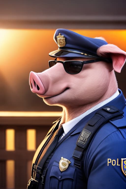  Pig wearing a police uniform. Pig is wearing ray ban sunglasses hyperrealistic, full body, detailed clothing, highly detailed, cinematic lighting, stunningly beautiful, intricate, sharp focus, f/1. 8, 85mm, (centered image composition), (professionally color graded), ((bright soft diffused light)), volumetric fog, trending on instagram, trending on tumblr, HDR 4K, 8K