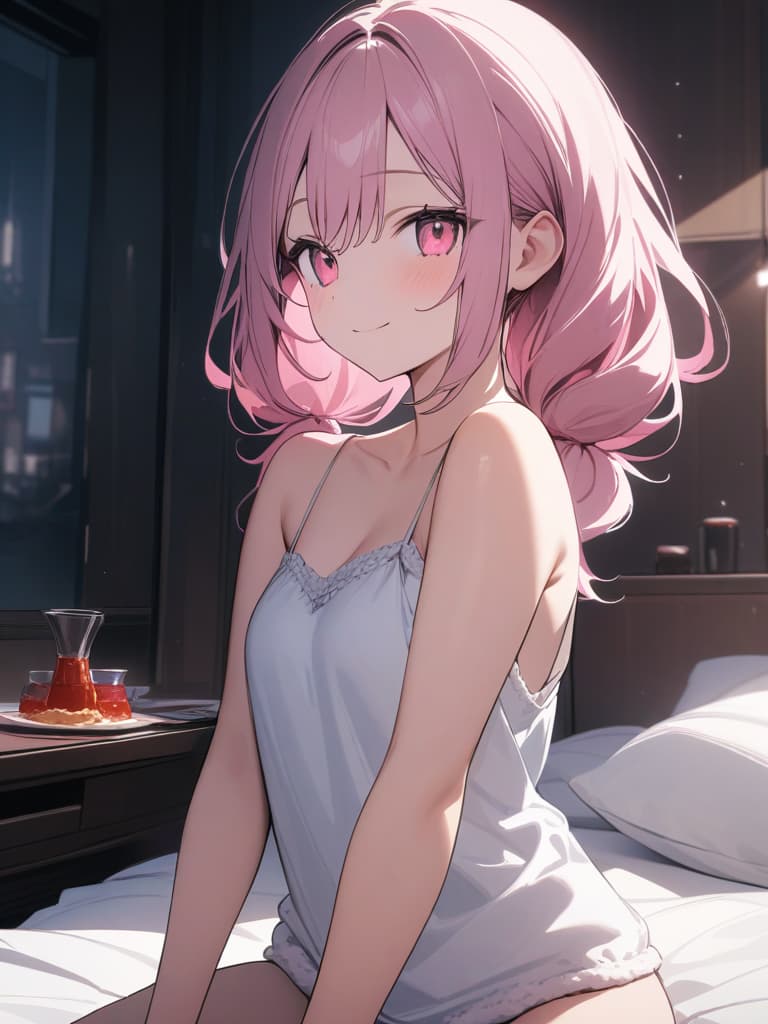  Cute, , thin body, fluffy hair, fluffy long hair, twin tails, pink hair color, pink eyes, sauce, smiles,, ssier, stomach, , camisole, big s, large s, room, masterpiece, best quality,8k,ultra detailed,high resolution,an extremely delicate and beautiful,hyper detail