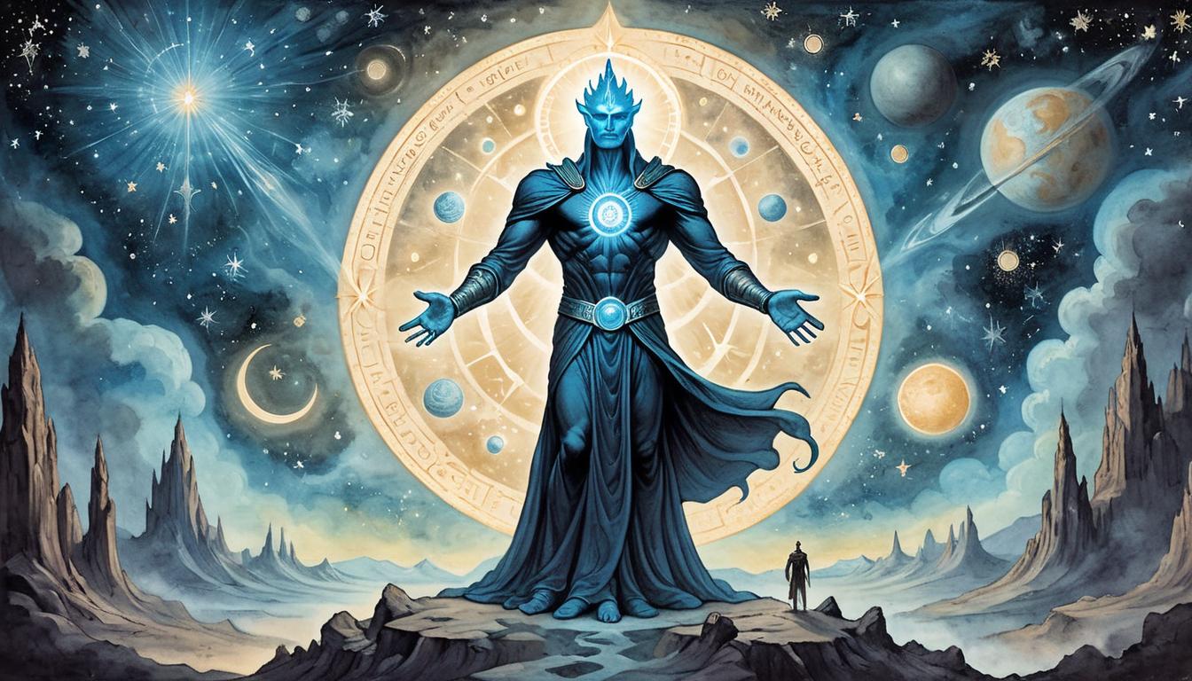  on parchment, surrealism+++, A glowing deity figure standing on earth, surrounded by an aura, stars and galaxies in the background, celestial glow, sense of power, divinity(mysterious, provocative, symbolic,muted color)+++