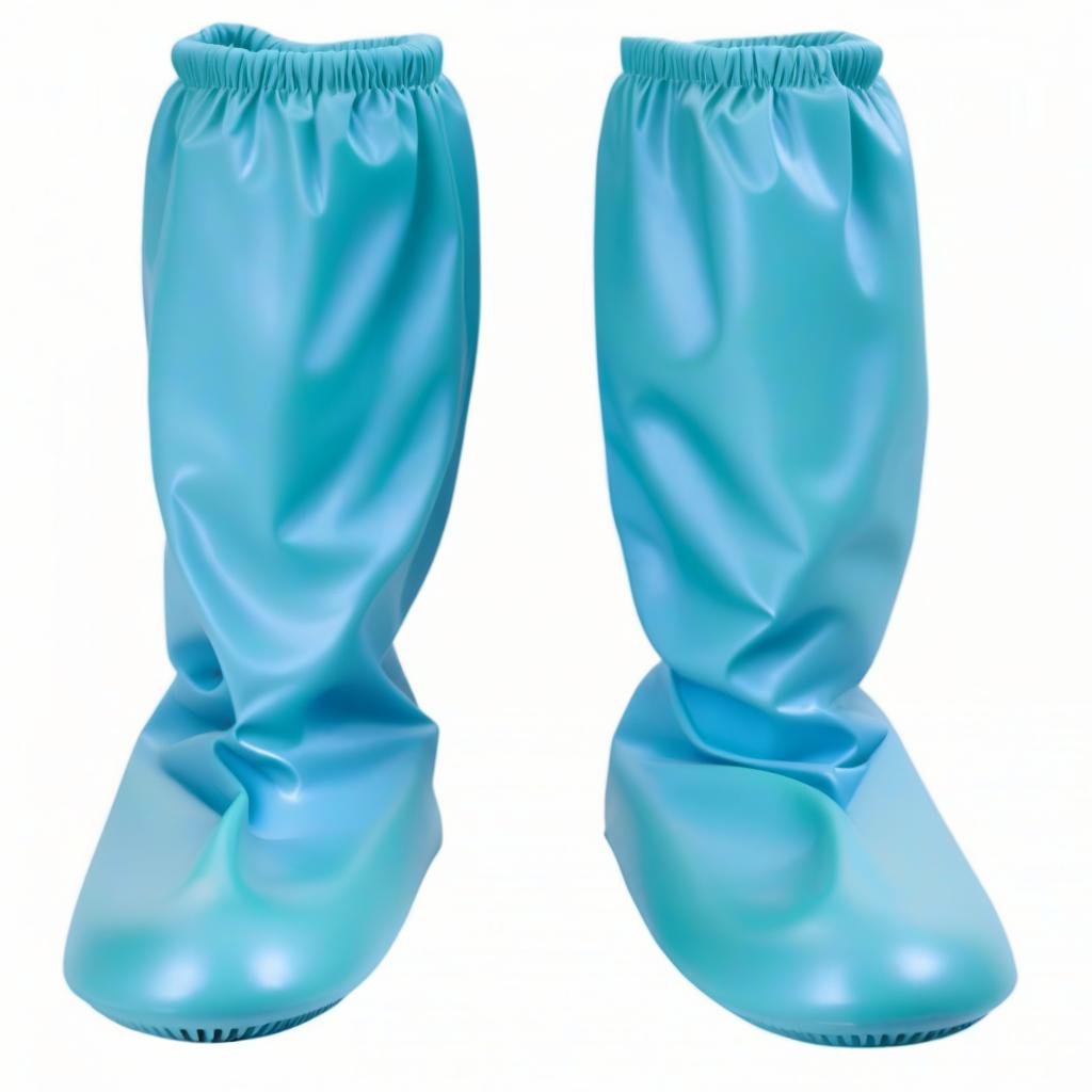  On feet worn, smooth without pleats, high surgical Bahilis as boots, with upper elastic bands, made of glossy latex, the lower part, (from sole to ankle:1.2), (dark green:1.3), the upper part, (from ankle to knee:1.2), (dark blue:1.3) Template: On (part of body) worn, (description of appearance), (details about the item), (material and locations), (additional details) hyperrealistic, full body, detailed clothing, highly detailed, cinematic lighting, stunningly beautiful, intricate, sharp focus, f/1. 8, 85mm, (centered image composition), (professionally color graded), ((bright soft diffused light)), volumetric fog, trending on instagram, trending on tumblr, HDR 4K, 8K