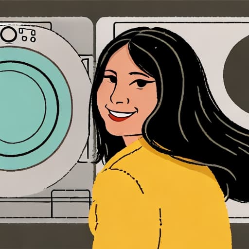  girl، long black hair down to her waist, yellow eyes, wearing old green prehistoric attire, stands next to a emitting steam, with a laundry sink nearby, holding clothes in her hand as well.