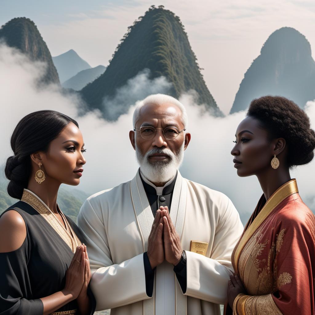  A powerful scene where individuals from various nationalities, including white, black, Chinese, Japanese, Indian, and African, come together in unity. They stand side by side, praying fervently for peace on Earth. In the backdrop, countries from all corners of the globe blend together, symbolizing the interconnectedness of humanity in the quest for harmony. hyperrealistic, full body, detailed clothing, highly detailed, cinematic lighting, stunningly beautiful, intricate, sharp focus, f/1. 8, 85mm, (centered image composition), (professionally color graded), ((bright soft diffused light)), volumetric fog, trending on instagram, trending on tumblr, HDR 4K, 8K