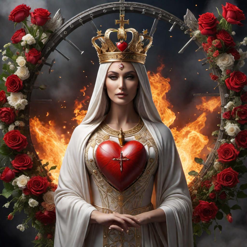  A conceptual image representing the themes of kindness, love, salvation, eternity, judgement, darkness, light, fire, and the interconnectedness of time and existence. The image should include elements such as a sacred heart, a crown, symbols of war and peace, seeds and reapers, stars, and an open gate representing Heaven. hyperrealistic, full body, detailed clothing, highly detailed, cinematic lighting, stunningly beautiful, intricate, sharp focus, f/1. 8, 85mm, (centered image composition), (professionally color graded), ((bright soft diffused light)), volumetric fog, trending on instagram, trending on tumblr, HDR 4K, 8K