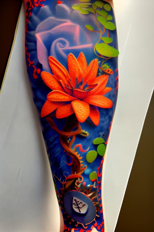 wa-vy style Arm tattoo of Various bright red orange and blue flowers growing along a vine steampunk style