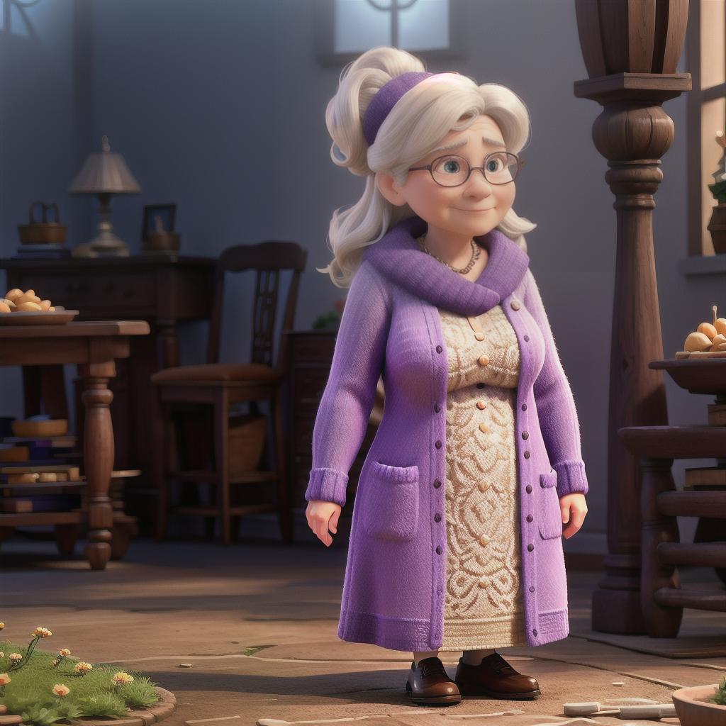  granny wearing purple sweater standing in park hyperrealistic, full body, detailed clothing, highly detailed, cinematic lighting, stunningly beautiful, intricate, sharp focus, f/1. 8, 85mm, (centered image composition), (professionally color graded), ((bright soft diffused light)), volumetric fog, trending on instagram, trending on tumblr, HDR 4K, 8K