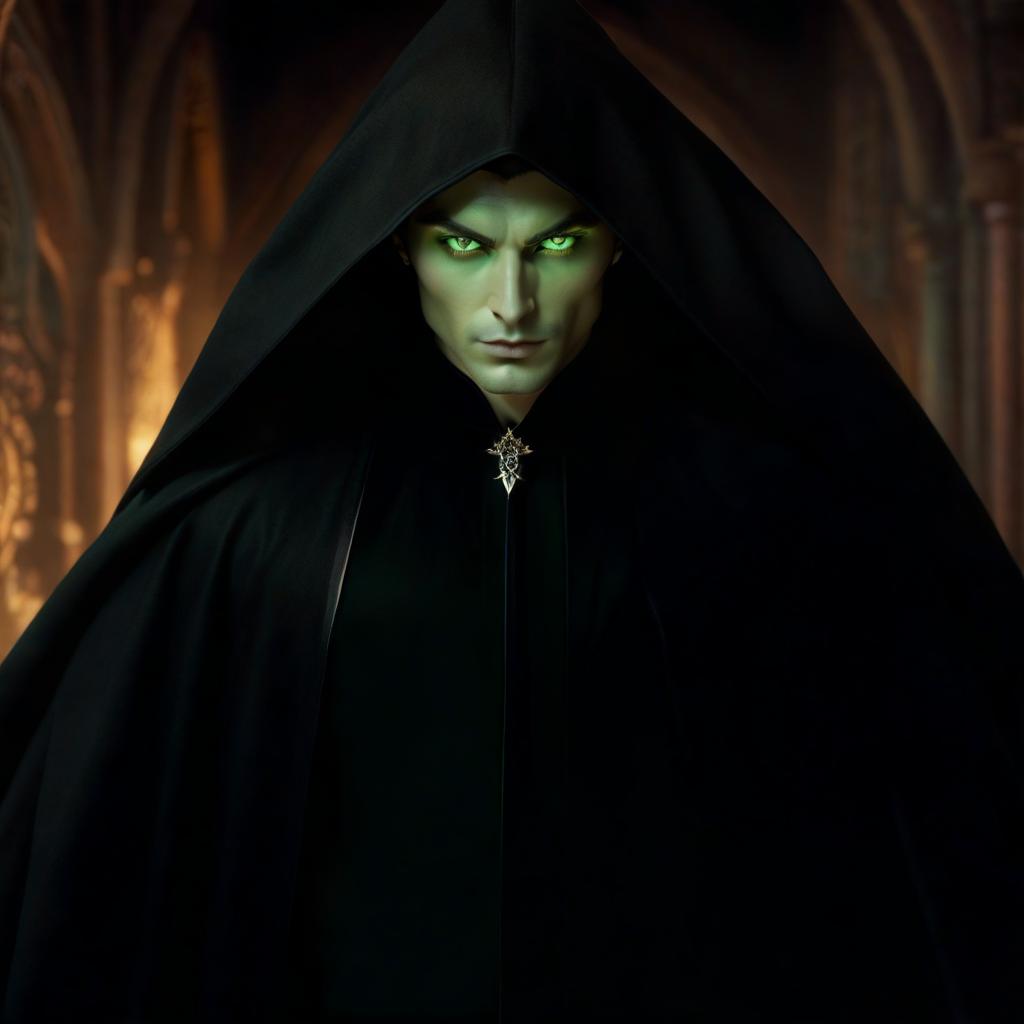  A black cat boy magician with green eyes in a black cloak with embroidered runes. hyperrealistic, full body, detailed clothing, highly detailed, cinematic lighting, stunningly beautiful, intricate, sharp focus, f/1. 8, 85mm, (centered image composition), (professionally color graded), ((bright soft diffused light)), volumetric fog, trending on instagram, trending on tumblr, HDR 4K, 8K