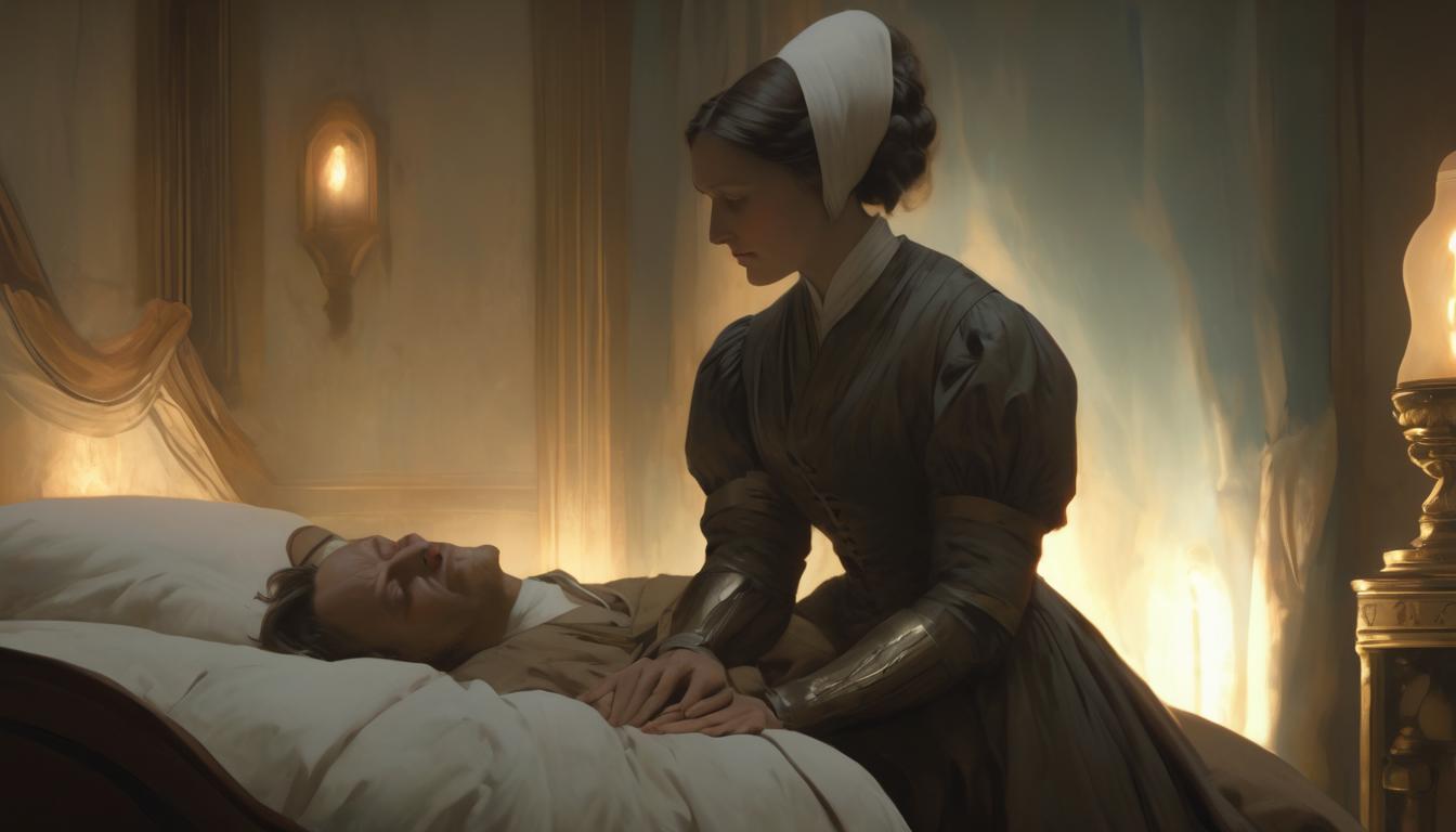  hyperrealism,fantasy aestheticFlorence Nightingale, gentle touch, kneeling by a patient's bed, surrounded by dim lantern light, serene expression, patient in bed, historical attire, nurturing presence, reverent, high tech clothing clad in sleek, futuristic costume with metallic accents and form fitting designs, marvel superhero comics style, unreal engine rendering