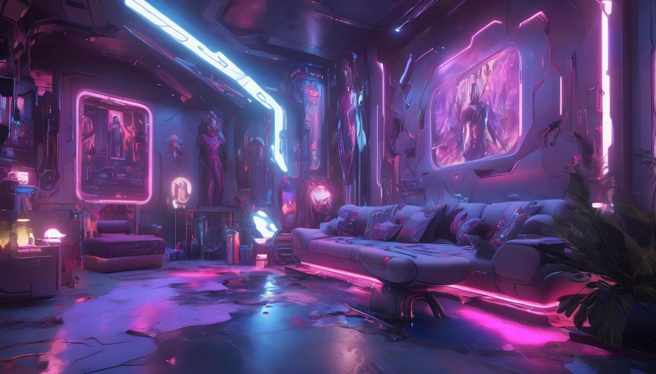  hyperrealism,fantasy aestheticA personalized living space, unique decorations, eclectic mix of art and furniture, inviting atmosphere, vibrant, cozy, high tech clothing clad in sleek, futuristic costume with metallic accents and form fitting designs, marvel superhero comics style, unreal engine rendering