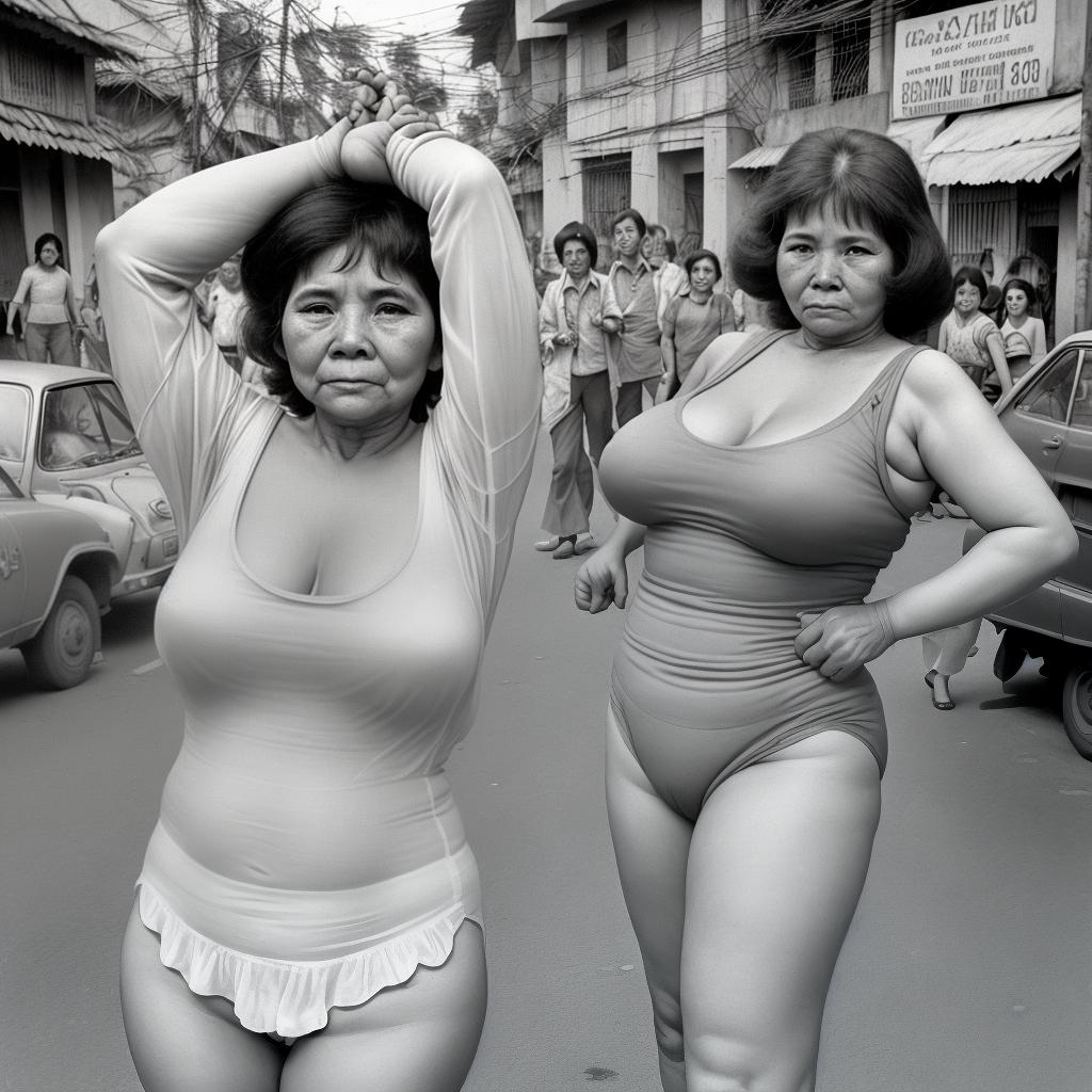  mujer madura de 55 años,voluptuosa con el trasero levantado para atrás y en calzones en la calle del año 1970s de Vietnam