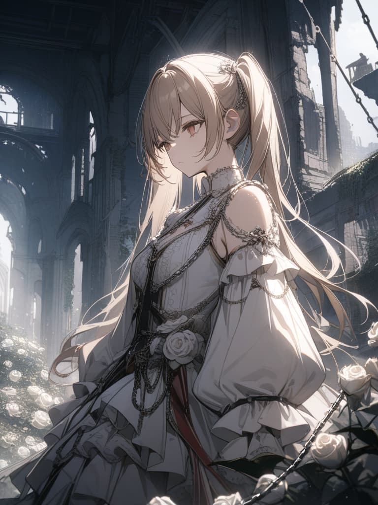  Girls, hair colored beige, red, white frills with many frills, ruins, many white roses, white roses, stars, fleeting, light, twin tails, chains, masterpiece, best quality,8k,ultra detailed,high resolution,an extremely delicate and beautiful,hyper detail