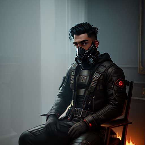  Photograph (of a young male:1.4), wearing a futuristic gas mask. He is sitting in the chair in his room in a doomed pose, around the consequences of the apocalypse, burning objects, ruined furniture, dramatic scene, 8k, ultra detail, maximum realism, full frame, color correction, professional photographer quality, cyberpunk style hyperrealistic, full body, detailed clothing, highly detailed, cinematic lighting, stunningly beautiful, intricate, sharp focus, f/1. 8, 85mm, (centered image composition), (professionally color graded), ((bright soft diffused light)), volumetric fog, trending on instagram, trending on tumblr, HDR 4K, 8K