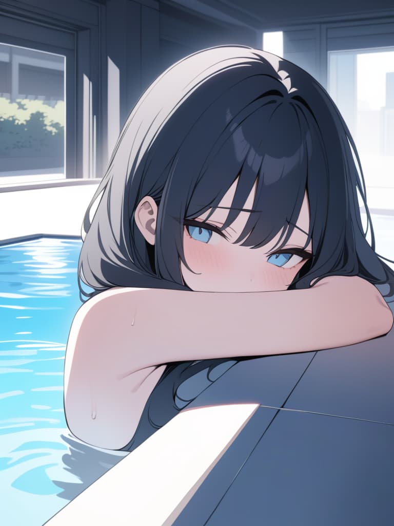  (( ,,Big s, hair,Pool, pool,Inside the pool, body)),Beautiful ,Black hair,Beautiful,Cute,Blue eyes,Shy face,ultra detailed,best shadow,cute and beautiful face,(masterpiece:1.2),(best quality:1.2),detailed background,high contrast,(best illumination,an extremely delicate and beautiful),((cinematic light)),hyper detail,dramatic light,intricate details,8k,anime,very aesthetic, masterpiece, best quality,8k,ultra detailed,high resolution,an extremely delicate and beautiful,hyper detail