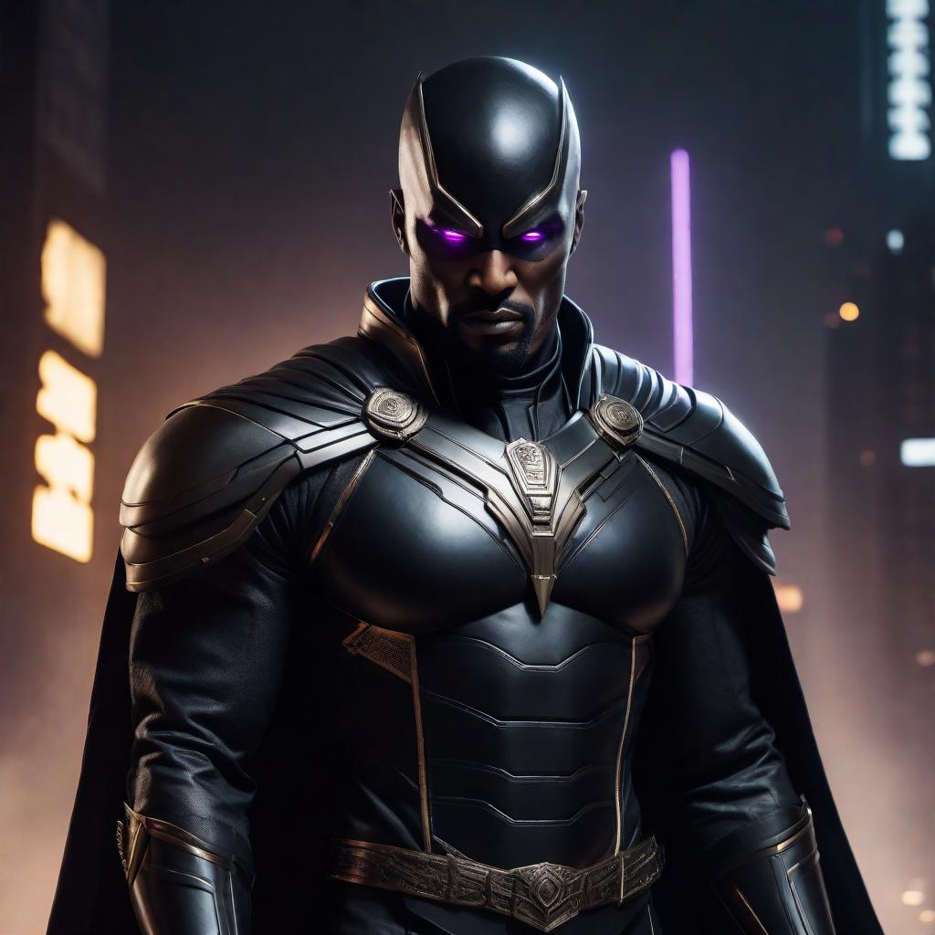  A highly detailed and dramatic portrait of an original black super villain. The character should have a dark, menacing presence with a powerful and intimidating stance. The villain is dressed in a sleek, futuristic outfit with armor elements, featuring a mix of dark colors like black, deep purple, and metallic accents. The background is dark with hints of a chaotic urban landscape, with shadows and subtle glows adding to the ominous atmosphere. The facial expression should exude confidence and a hint of sinister intent, with sharp features and piercing eyes. hyperrealistic, full body, detailed clothing, highly detailed, cinematic lighting, stunningly beautiful, intricate, sharp focus, f/1. 8, 85mm, (centered image composition), (professionally color graded), ((bright soft diffused light)), volumetric fog, trending on instagram, trending on tumblr, HDR 4K, 8K