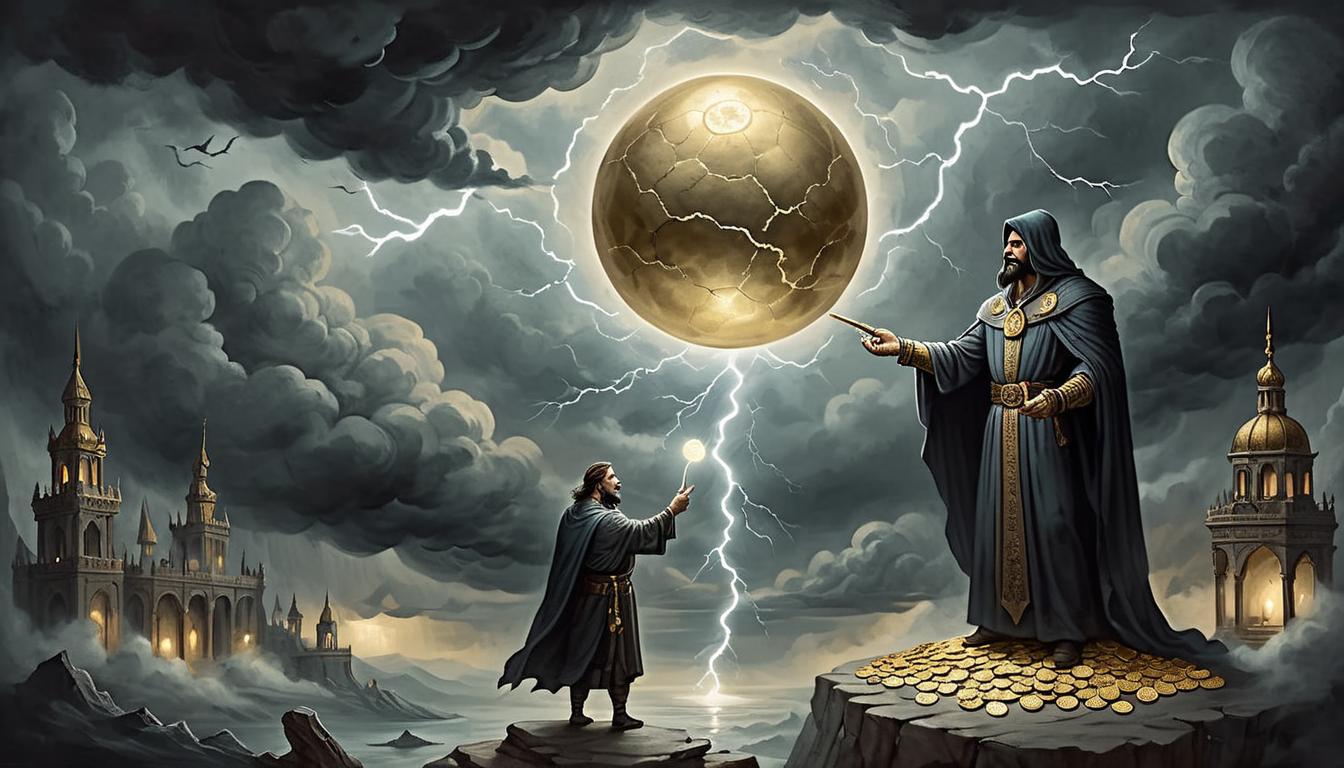  on parchment, surrealism+++, A scale with one side holding a glowing orb and the other side holding a hand grasping gold coins, backdrop of dark clouds and lightning, balance, greed, moral conflict(mysterious, provocative, symbolic,muted color)+++