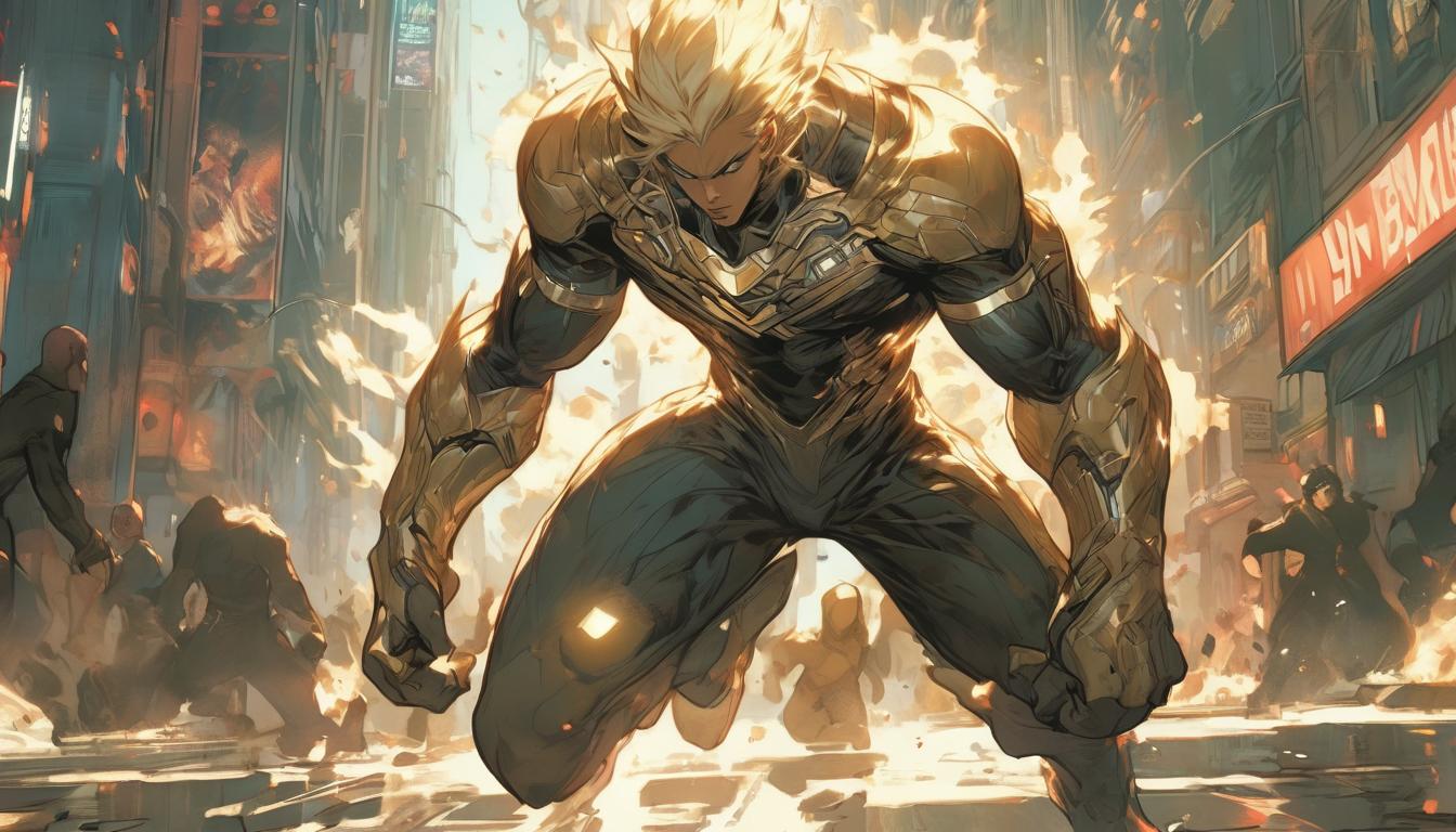  hyperrealism,fantasy aesthetic1man, attractive blonde arian male humanoid, calm expression, midst of chaotic city streets, focused and grounded, light surrounding him, high tech clothing clad in sleek, futuristic costume with metallic accents and form fitting designs, marvel superhero comics style, unreal engine rendering