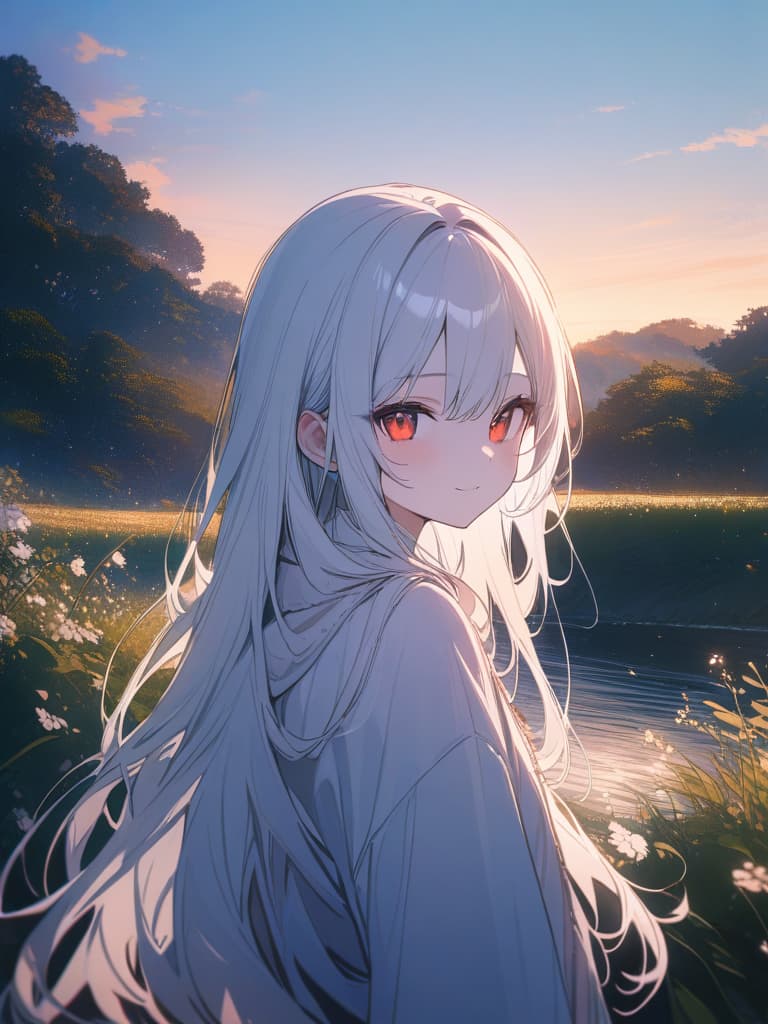  Cute, girl, young face, white skin, thin body, fluffy hair, pure white hair color, bright red eyes, large eyes, beautiful scenery, fluffy long hair, evening, smile, masterpiece, best quality,8k,ultra detailed,high resolution,an extremely delicate and beautiful,hyper detail