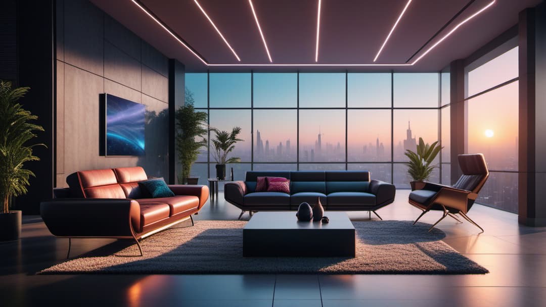  Generate an image of a living room inspired by 80's home interior design featuring neon lights and retro futuristic elements. The space should include bold colors, geometric patterns, and futuristic furniture. additional guidelines The image should evoke a sense of nostalgia and futuristic vibes, blending the best of both worlds from the 80's era and modern design trends. hyperrealistic, full body, detailed clothing, highly detailed, cinematic lighting, stunningly beautiful, intricate, sharp focus, f/1. 8, 85mm, (centered image composition), (professionally color graded), ((bright soft diffused light)), volumetric fog, trending on instagram, trending on tumblr, HDR 4K, 8K