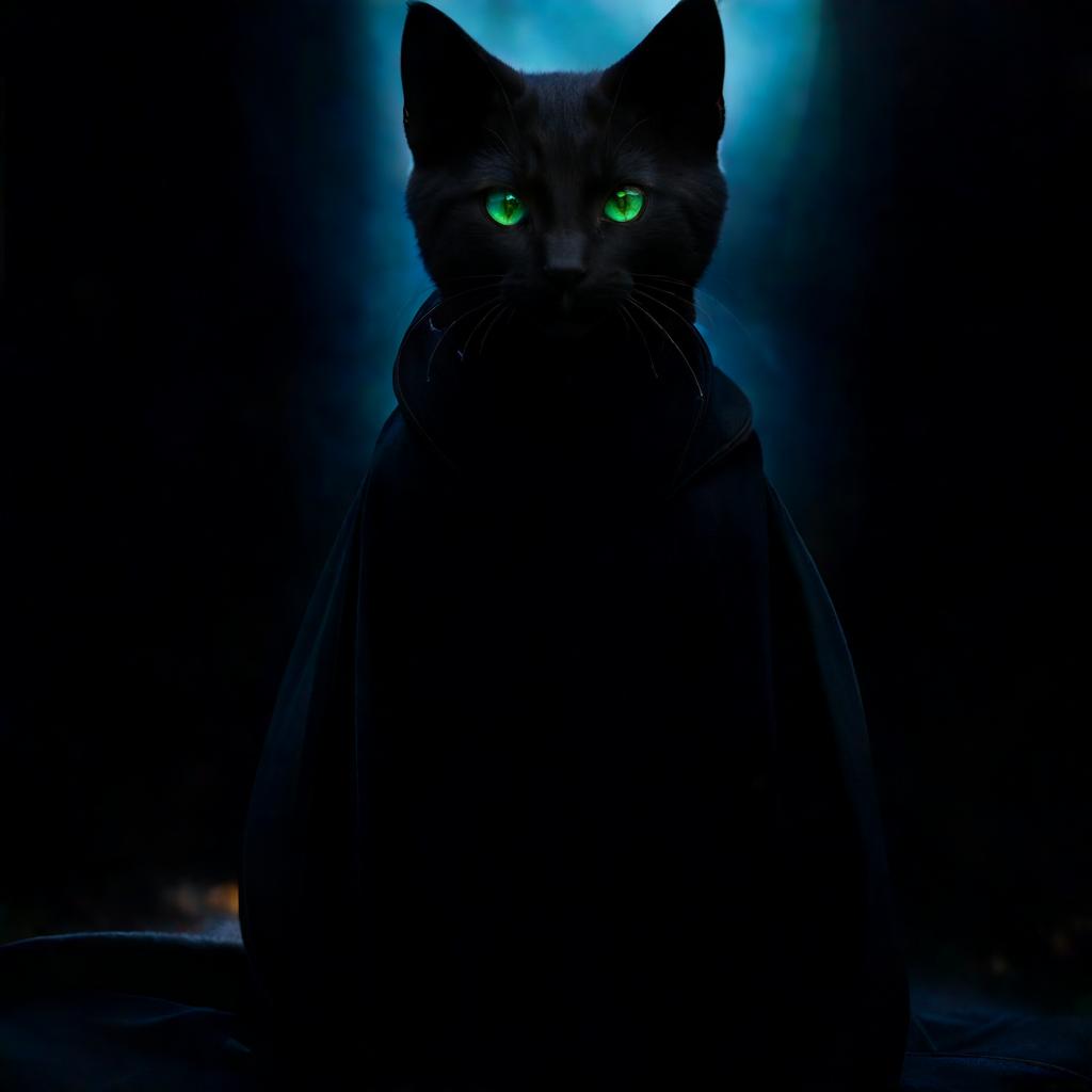  Black kitten boy magician with green eyes in a black cloak with rune embroidered sleeves. hyperrealistic, full body, detailed clothing, highly detailed, cinematic lighting, stunningly beautiful, intricate, sharp focus, f/1. 8, 85mm, (centered image composition), (professionally color graded), ((bright soft diffused light)), volumetric fog, trending on instagram, trending on tumblr, HDR 4K, 8K