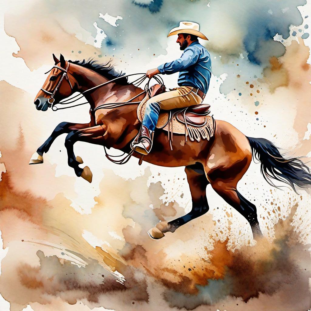  Create a watercolor painting of a man ridding a bucking horse at a rodeo. The background features soft, watercolor style splashes in earthy tones, giving the image an artistic and dreamy feel. Ensure the overall image has a delicate watercolor effect.