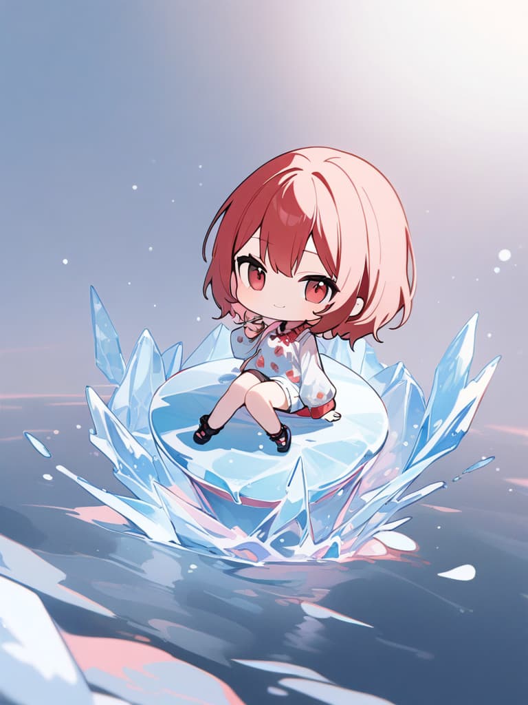  (( ice,sitting on ice,sitting on ice,strawberry flavored ice,)) Beautiful ,cute,young ,red hair,medium hair,strawberry patterned shirt,shorts,red eyes,pretty,smiling,cool、(absurdres,highres,superlative,texture,contrast,top quality),BREAK (solo,,kawaii,very cute face,(full body,chibi:1.5), masterpiece, best quality,8k,ultra detailed,high resolution,an extremely delicate and beautiful,hyper detail