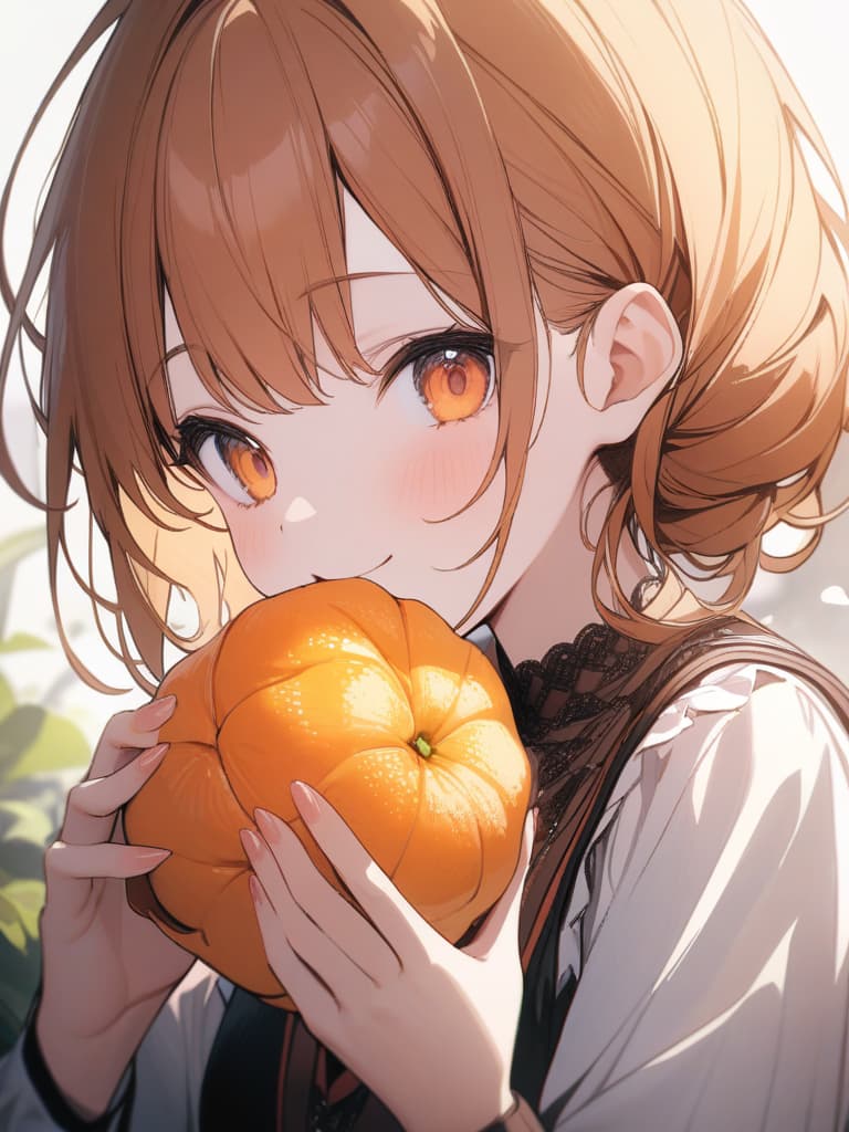  Cute, , face, , large eyes, orange hair color, orange eyes, dumpling hair, dress, smiling, tangerine, tangerine eating, young face, two dumpling ties, masterpiece, best quality,8k,ultra detailed,high resolution,an extremely delicate and beautiful,hyper detail