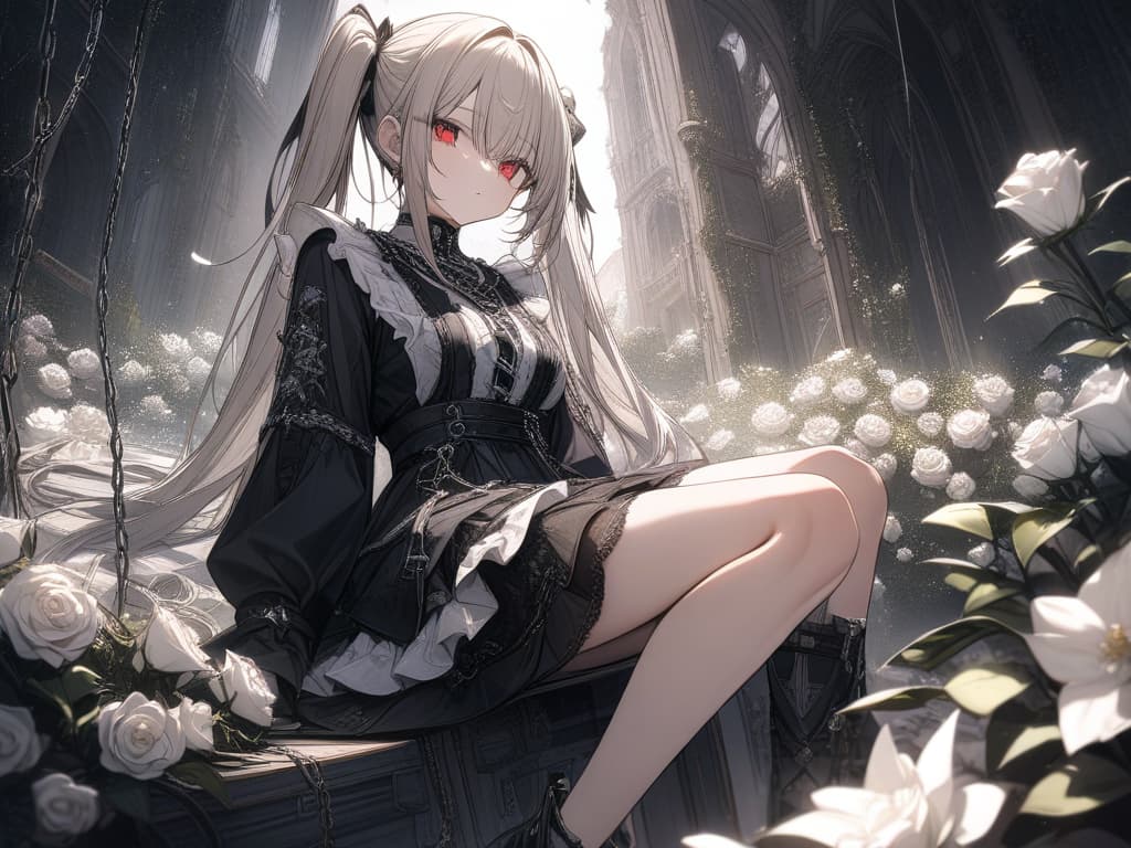  Hair colored beige, red eyes, twin tails, white frills gothic fashion, background white, star, chain, many white roses, physical education sitting, masterpiece, best quality,8k,ultra detailed,high resolution,an extremely delicate and beautiful,hyper detail