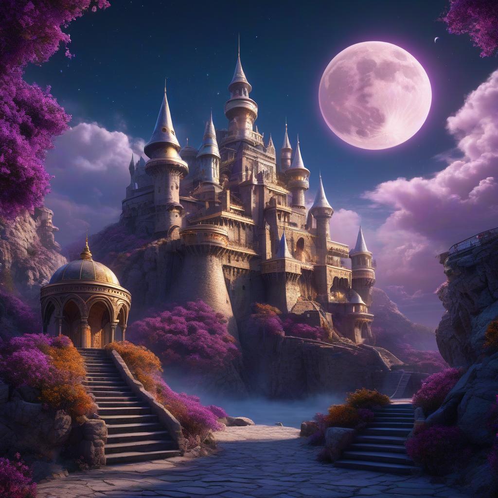  A fantastic fairy tale castle. New technology. Desert. Oasis. There's a sea around. Golden smoke. Sunnyside Attics. The heavenly halls. Sky. Stairway in the sky. Clouds. A masterpiece. Bird. Nightingale. Background: surrealistically abstract. Сanary. Flying saucer. Space, fantasy. Purple, blue, silver colors. Moon. hyperrealistic, full body, detailed clothing, highly detailed, cinematic lighting, stunningly beautiful, intricate, sharp focus, f/1. 8, 85mm, (centered image composition), (professionally color graded), ((bright soft diffused light)), volumetric fog, trending on instagram, trending on tumblr, HDR 4K, 8K