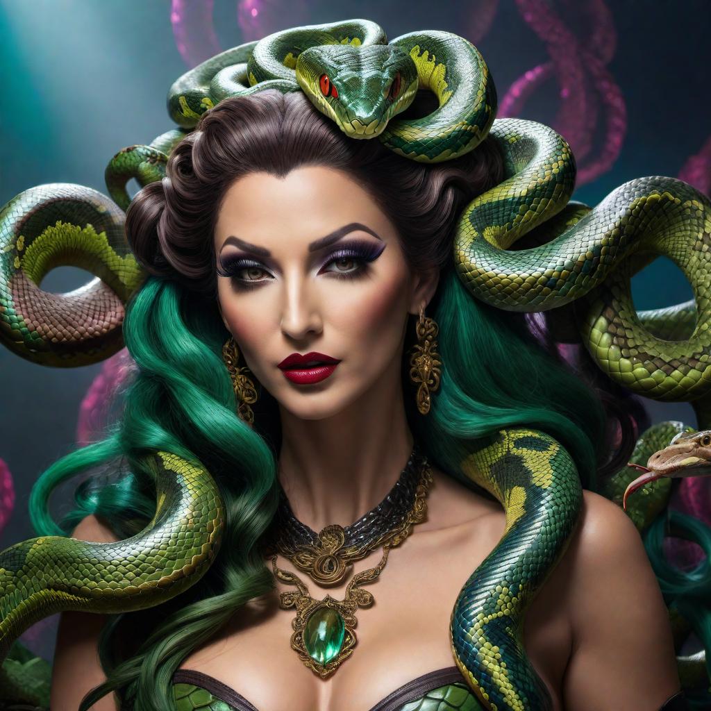  A full-body pinup style pose of Medusa, the snake-woman, with dark-colored snakes in her hair. The scene should be infused with a rainbow theme, incorporating vibrant and colorful elements into the background and overall composition. hyperrealistic, full body, detailed clothing, highly detailed, cinematic lighting, stunningly beautiful, intricate, sharp focus, f/1. 8, 85mm, (centered image composition), (professionally color graded), ((bright soft diffused light)), volumetric fog, trending on instagram, trending on tumblr, HDR 4K, 8K