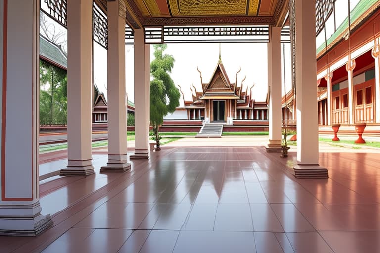  A very wide area is the ground outside a very old Thai palace.