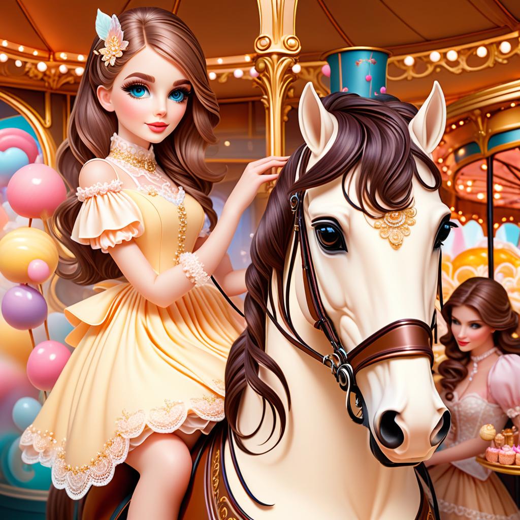  ethereal fantasy concept art of Digital image (double exposure). Park ride. Carousel, biscuit ponies twirling in rhythm. Manes of whipped cream. On the pony sits a little girl in a fancy cotton candy lace dress. Sparkling, sparkling white. Shades from white to coffee with milk. ( decor: candy, caramel, biscuits, candied cherries). Unusual design, sparkling surfaces.White sugar pattern. Stylisation, decorative. Background : surreal abstraction. Stylistics : fantasy, fairy tale, Soviet animation. High quality. . magnificent, celestial, ethereal, painterly, epic, majestic, magical, fantasy art, cover art, dreamy, hkmagic hyperrealistic, full body, detailed clothing, highly detailed, cinematic lighting, stunningly beautiful, intricate, sharp focus, f/1. 8, 85mm, (centered image composition), (professionally color graded), ((bright soft diffused light)), volumetric fog, trending on instagram, trending on tumblr, HDR 4K, 8K