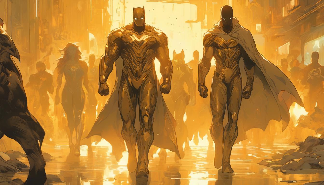  hyperrealism,fantasy aestheticPath illuminated by soft golden light, silhouettes of people walking, hopeful expressions, sacred destination, radiant, purposeful, guided, high tech clothing clad in sleek, futuristic costume with metallic accents and form fitting designs, marvel superhero comics style, unreal engine rendering