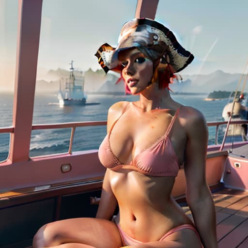  ((Girl, wearing a pirate hat, sitting with, body,, short orange hair, on a large pink warship)),(), beautiful, high quality,masterpiece,extremely detailed,high res,4k,ultra high res,detailed shadow,ultra realistic,dramatic lighting,bright light hyperrealistic, full body, detailed clothing, highly detailed, cinematic lighting, stunningly beautiful, intricate, sharp focus, f/1. 8, 85mm, (centered image composition), (professionally color graded), ((bright soft diffused light)), volumetric fog, trending on instagram, trending on tumblr, HDR 4K, 8K