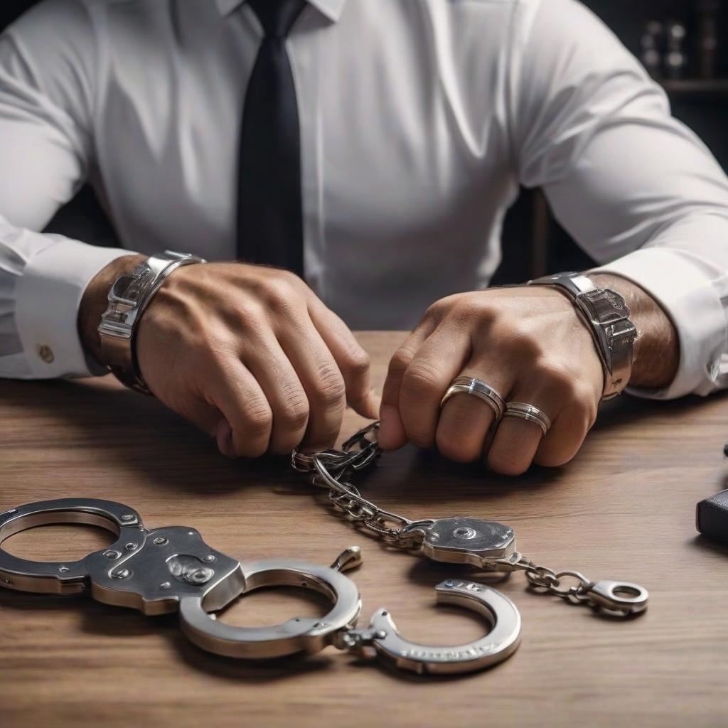  Handcuffs lie on the table without any extra details. hyperrealistic, full body, detailed clothing, highly detailed, cinematic lighting, stunningly beautiful, intricate, sharp focus, f/1. 8, 85mm, (centered image composition), (professionally color graded), ((bright soft diffused light)), volumetric fog, trending on instagram, trending on tumblr, HDR 4K, 8K