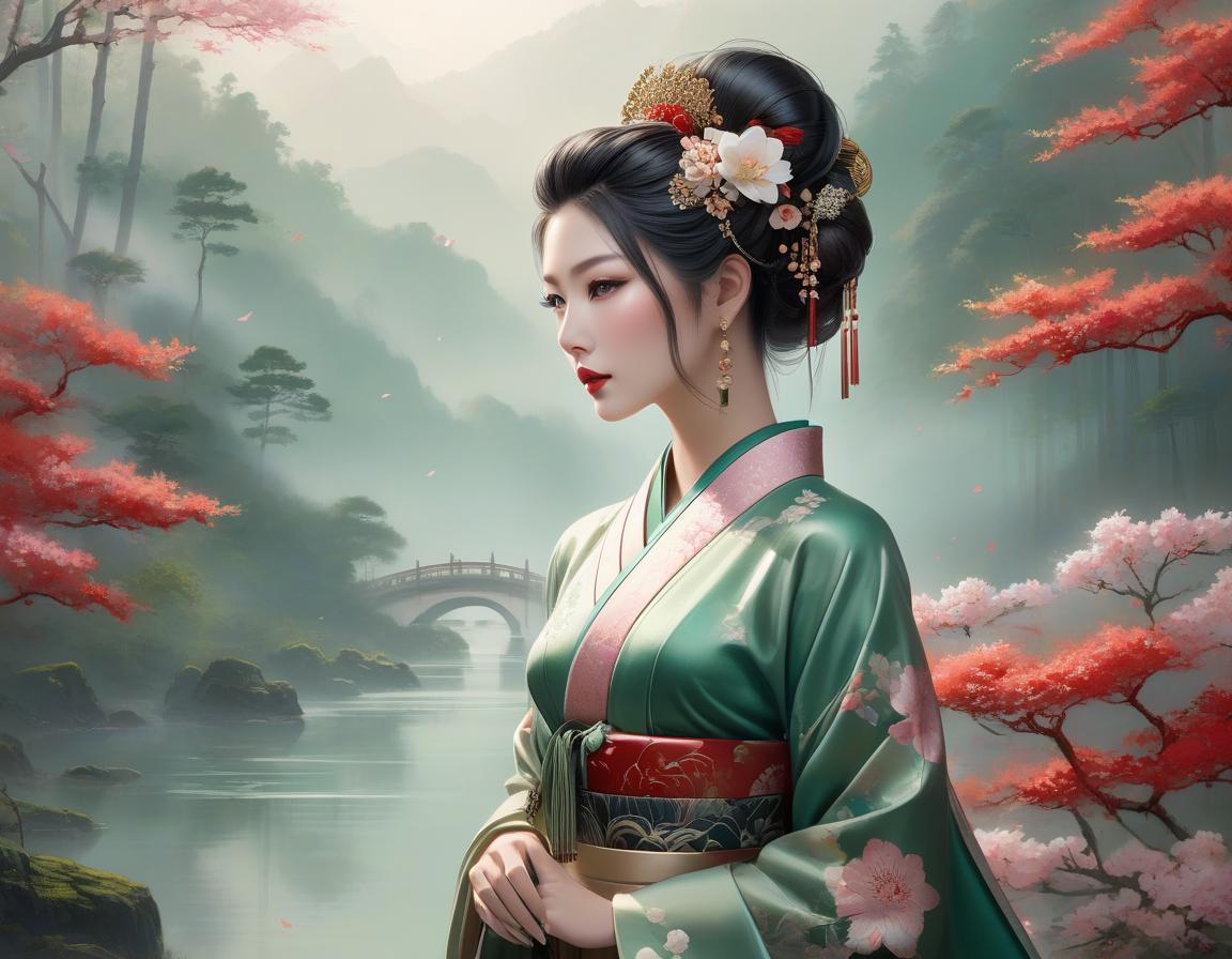  abstract expressionist painting An illustrated woman in traditional Asian attire with elaborate hairstyle stands before a serene, misty forest landscape with a bridge. Create a digital painting of an ethereal Asian woman with pale skin and delicate facial features, standing amidst a fantastical forest environment. She wears a traditional Japanese kimono in shades of emerald green with floral patterns, accented with crimson and gold borders. Her hair is styled in an elaborate Shimada updo, embellished with intricate hairpins and decorations, including Kanzashi with flowers and dangling ornaments. She glances to her side with almond shaped eyes in a subtle shade, exhibiting softly blushed cheeks and traditional makeup with red accents. The ba hyperrealistic, full body, detailed clothing, highly detailed, cinematic lighting, stunningly beautiful, intricate, sharp focus, f/1. 8, 85mm, (centered image composition), (professionally color graded), ((bright soft diffused light)), volumetric fog, trending on instagram, trending on tumblr, HDR 4K, 8K