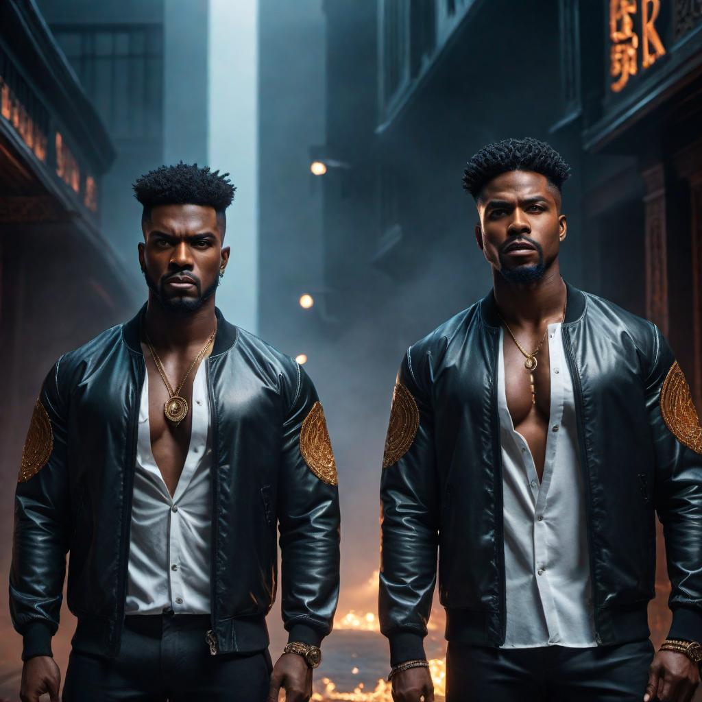  Angry black male twins in lofi fantasy style, Gemini zodiac, intense expressions, dark moody background, vibrant colors, celestial elements, intricate details. hyperrealistic, full body, detailed clothing, highly detailed, cinematic lighting, stunningly beautiful, intricate, sharp focus, f/1. 8, 85mm, (centered image composition), (professionally color graded), ((bright soft diffused light)), volumetric fog, trending on instagram, trending on tumblr, HDR 4K, 8K