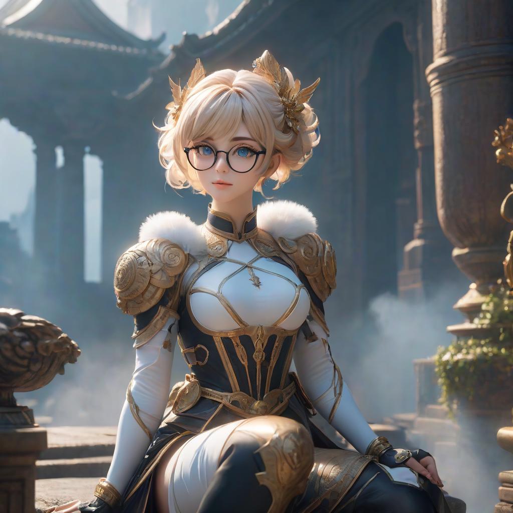  Goddess of balance and order. Short, light hair and eyeglasses. hyperrealistic, full body, detailed clothing, highly detailed, cinematic lighting, stunningly beautiful, intricate, sharp focus, f/1. 8, 85mm, (centered image composition), (professionally color graded), ((bright soft diffused light)), volumetric fog, trending on instagram, trending on tumblr, HDR 4K, 8K