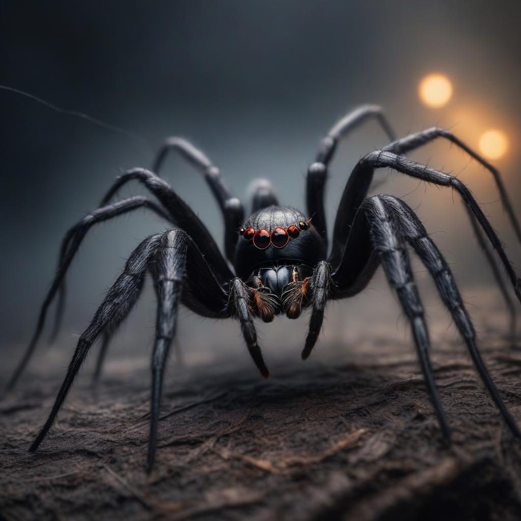  A huge Black spider with long legs hyperrealistic, full body, detailed clothing, highly detailed, cinematic lighting, stunningly beautiful, intricate, sharp focus, f/1. 8, 85mm, (centered image composition), (professionally color graded), ((bright soft diffused light)), volumetric fog, trending on instagram, trending on tumblr, HDR 4K, 8K