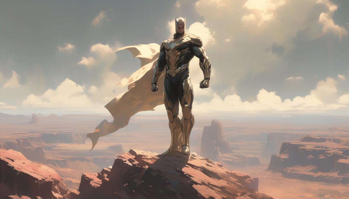  hyperrealism,fantasy aestheticAn individual with a determined expression, standing atop a cliff, raising a flag of justice, background of a vast landscape, vigilant, resolute, high tech clothing clad in sleek, futuristic costume with metallic accents and form fitting designs, marvel superhero comics style, unreal engine rendering