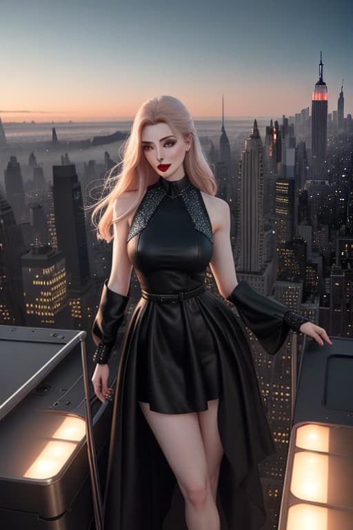  Ultra realistic picture, full lenght picture, amazing , beautiful , dark make up, pale skin, beautiful face, mini dress, deep age, ful, carmin red lips, medium s, crowded place, people around, empire state building rooftop hyperrealistic, full body, detailed clothing, highly detailed, cinematic lighting, stunningly beautiful, intricate, sharp focus, f/1. 8, 85mm, (centered image composition), (professionally color graded), ((bright soft diffused light)), volumetric fog, trending on instagram, trending on tumblr, HDR 4K, 8K