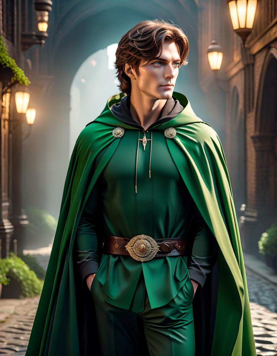  A tall boy, with brown hair, and green eyes. He wears a green cloak, with a belt at the waist. His trousers are black. hyperrealistic, full body, detailed clothing, highly detailed, cinematic lighting, stunningly beautiful, intricate, sharp focus, f/1. 8, 85mm, (centered image composition), (professionally color graded), ((bright soft diffused light)), volumetric fog, trending on instagram, trending on tumblr, HDR 4K, 8K