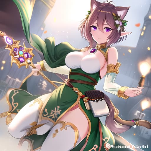  Cat girl, purple eyes, brown hair and elf costume hyperrealistic, full body, detailed clothing, highly detailed, cinematic lighting, stunningly beautiful, intricate, sharp focus, f/1. 8, 85mm, (centered image composition), (professionally color graded), ((bright soft diffused light)), volumetric fog, trending on instagram, trending on tumblr, HDR 4K, 8K